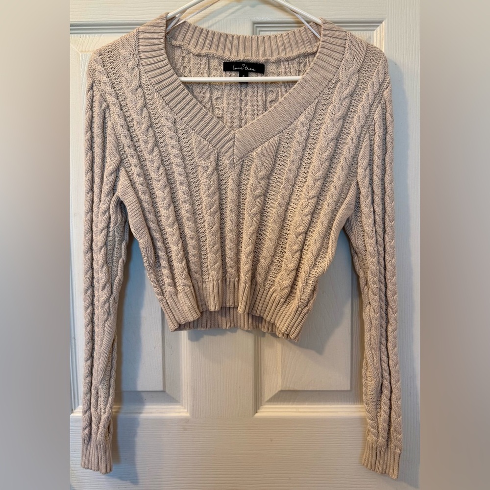 Love Tree Beige Cable-Knit V-Neck Crop Sweater